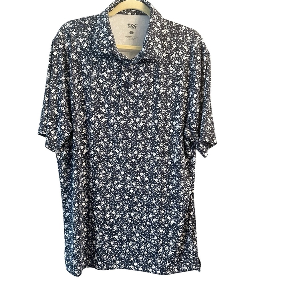 1764 Signature Men’s Large Golf Polo Blue White Floral Greenhouse Moisture Wick